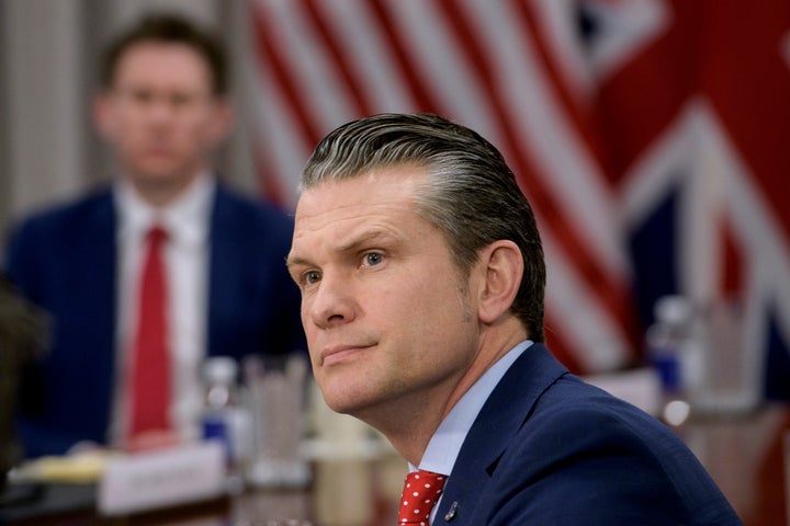 Defense Secretary Pete Hegseth responds to questions from reporters during a meeting with Britain's Defence Secretary John Healey at the Pentagon, Thursday, March 6, 2025, in Washington. 