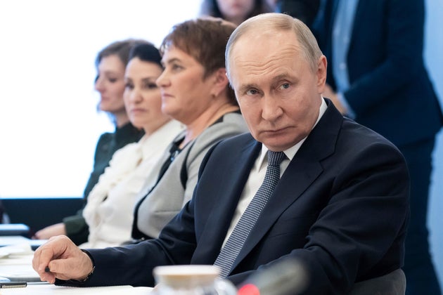 Russian President Vladimir Putin attends a meeting with workers and wards of The Defenders of the Fatherland Foundation in Moscow, Russia, Thursday, March 6, 2025.