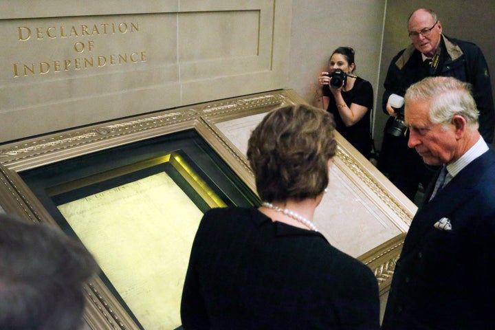 Then-Prince Charles views the Declaration of Independence as the future king of the United Kingdom visits the National Archives in 2015.