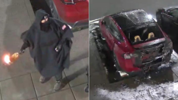 Suspect holding a Molotov cocktail, left, and a fire-damaged red Tesla SUV, right.
