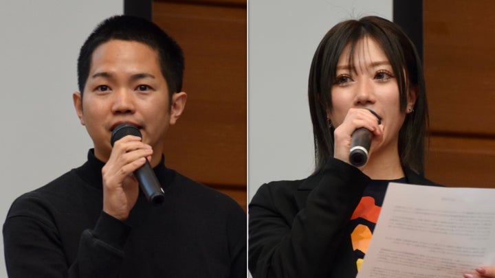 （左から）記者会見した松本直也さんと樹里杏さん（2025年3月7日）