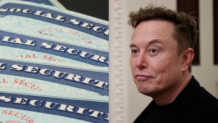 White House Senior Advisor to the President and Tesla and SpaceX CEO Elon Musk (Photo by Andrew Harnik/Getty Images); and a pile of Social Security cards (Douglas Sacha via Getty Images).