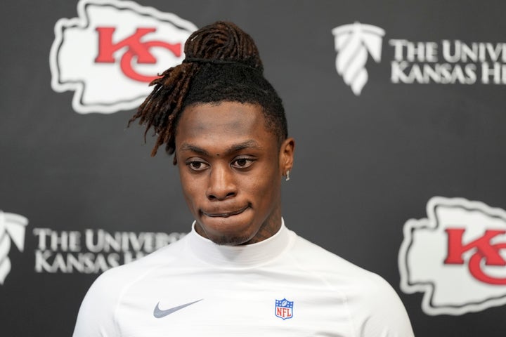 Kansas City Chiefs wide receiver Xavier Worthy addresses the media before NFL football practice in January in Kansas City, Missouri.