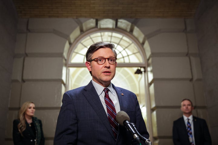 WASHINGTON, DC - MARCH 5: U.S. House Speaker Mike Johnson (R-LA) speaks to reporters as he leaves a meeting between Elon Musk and House Republicans on Capitol Hill on March 5, 2025 in Washington, DC. Musk is meeting with Republicans in Congress today to discuss some of the dramatic cuts made, and yet to be made, across government agencies by the Department of Government Efficiency (DOGE). (Photo by Samuel Corum/Getty Images)