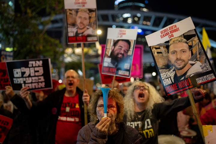 Protesters demand the immediate release of hostages held by Hamas in the Gaza Strip, in Tel Aviv, Israel, on Sunday, March 9, 2025.