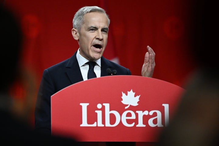 Mark Carney, the newly elected leader of the Liberal Party of Canada, addresses supporters in a victory speech after the official announcement of the 2025 Liberal Leadership race results at Rogers Centre, in Ottawa, Ontario, Canada, on March 9, 2025.