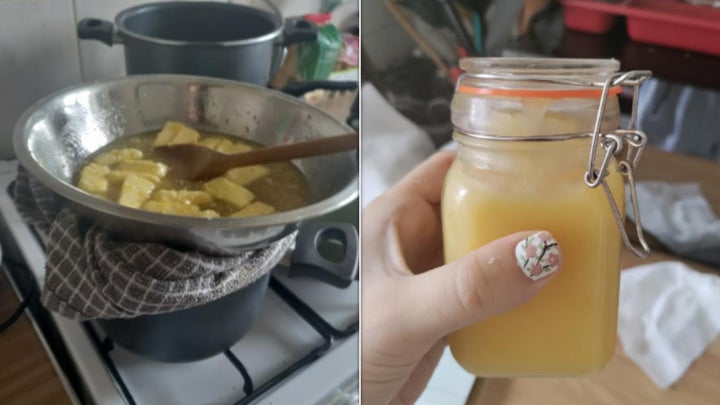 Lemon curd cooking on left: jarred on the right