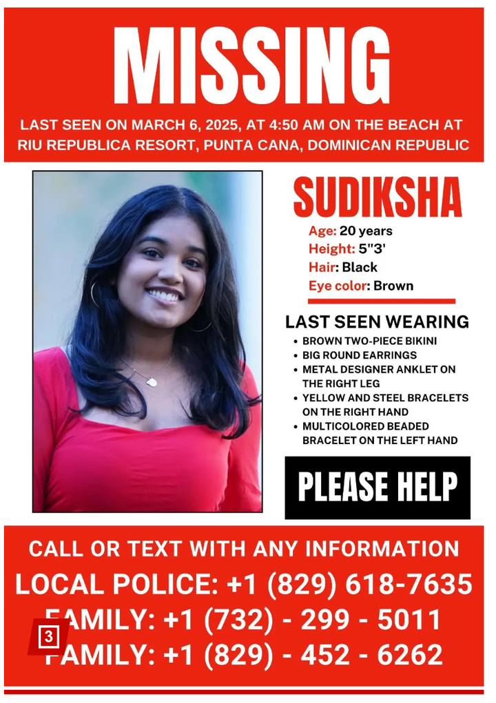 The missing persons notice for Sudiksha Konanki, who was on spring break with friends.