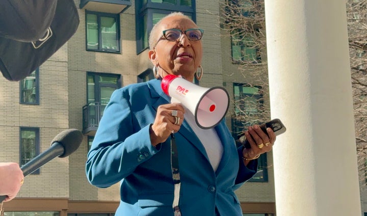 Gwynne Wilcox outside the NLRB headquarters on Monday as she returned to work after being fired by President Donald Trump.