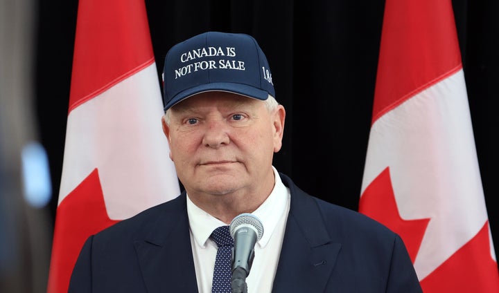 Doug Ford, Ontario's premier, wears a "Canada Is Not For Sale" hat in Ottawa, Ontario, Canada, on Wednesday, Jan. 15, 2025. (David Kawai/Bloomberg via Getty Images)