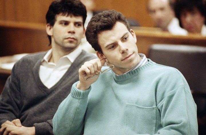 Lyle, left, and Erik Menendez appear in court for a preliminary hearing held in Beverly Hills, Calif., April 12, 1991.