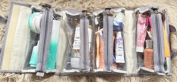 The organizer has multiple clear zippered sections to make it easy to pack toiletries.