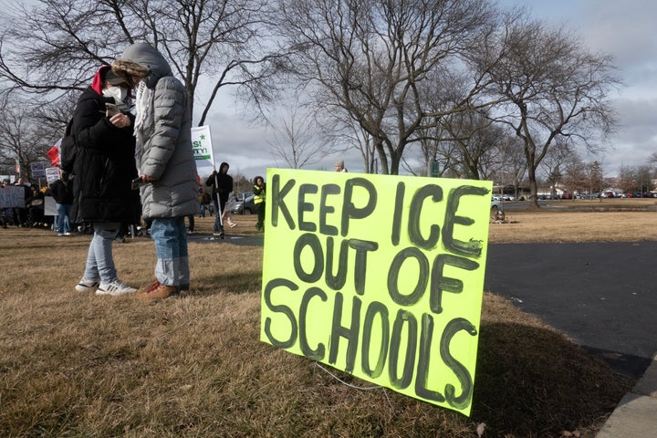 Demonstrators in Waukegan, Illinois, protest a recent increase of ICE activity in the area on Feb. 1, 2025.