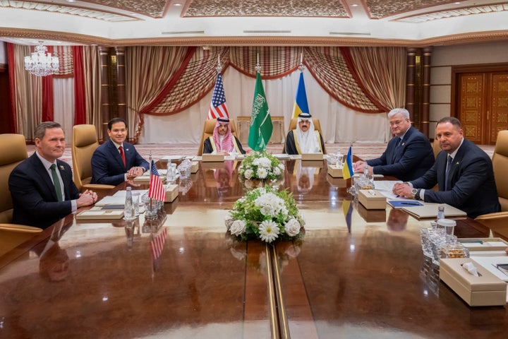 From left, U.S. National Security Adviser Mike Waltz, U.S. Secretary of State Marco Rubio, Saudi Arabian Foreign Minister Prince Faisal bin Farhan, Saudi National Security Advisor Mosaad bin Mohammad al-Aiban, Ukrainian Foreign Minister Andrii Sybiha, and Ukrainian Head of Presidential Office Andriy Yermak hold a meeting in Jeddah, Saudi Arabia, on March 11, 2025.