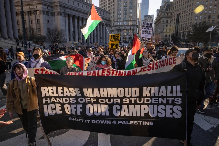 Protesters march in support of Khalil on Monday in New York. Immigration enforcement agents unlawfully abducted Khalil over the weekend for peacefully leading the Gaza solidarity encampment at Columbia University last year.