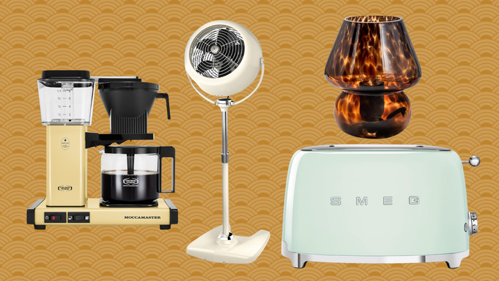 A Moccamaster coffee maker, A Vornado fan, a Murano glass-style lamp and a Smeg toaster.