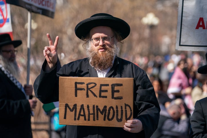 Protestors march to demand the release of Palestinian activist Mahmoud Khalil on Tuesday in New York City. Khalil, a Columbia University graduate and permanent legal U.S. resident, was arrested by ICE agents on Saturday.