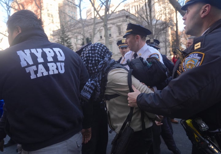 Police remove a protester as demonstrations continue in New York following the unlawful arrest of Palestinian activist Mahmoud Khalil for leading student protests last year at Columbia University.