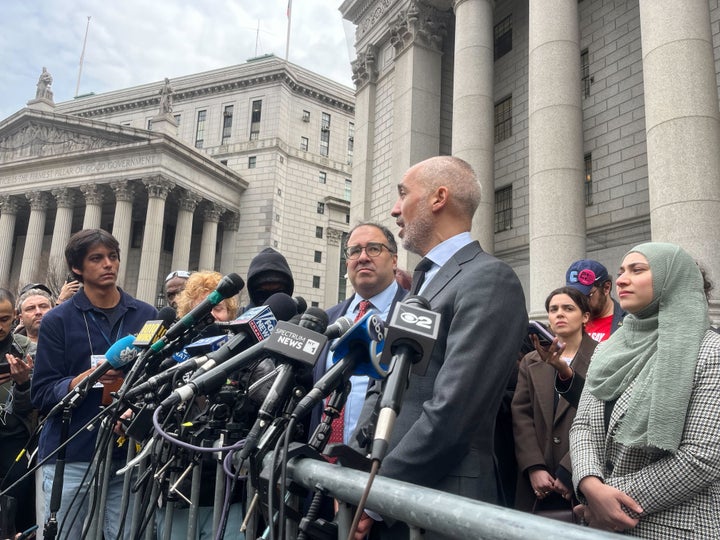 Attorneys for detained Palestinian activist Mahmoud Khalil speak at a press conference on Tuesday in New York City about his unlawful arrest by federal agents for peacefully leading student protests last year on Columbia University's campus.