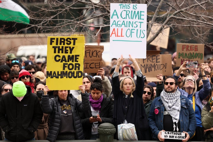 Protestors rally in support of Mahmoud Khalil in New York City after his arrest by immigration officials for participating in pro-Palestinian protests in 2024.