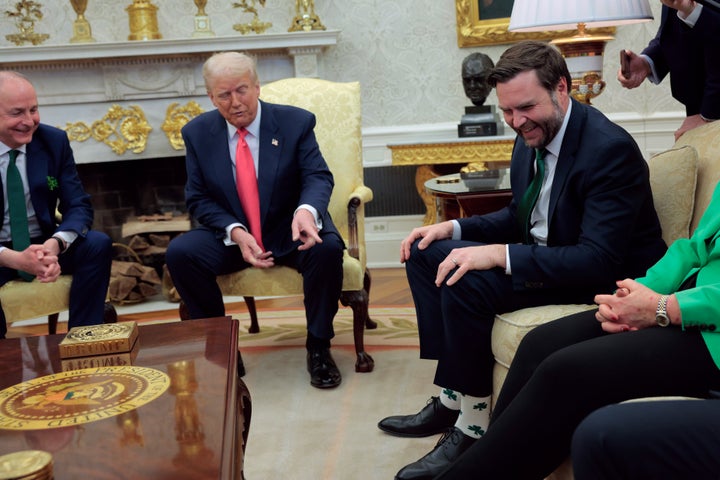 President Donald Trump couldn't ignore Vice President JD Vance's shamrock socks while hosting Irish Taoiseach Micheál Martin at the White House on Wednesday.