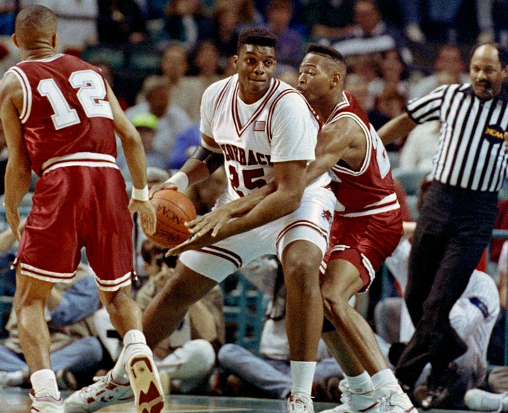 FILE - Arkansas' Oliver Miller (25) drives to the basket during first half action in the NCAA Southeast Regional at the Charlotte Coliseum in N.C., March 21, 1991. (AP Photo/Lynne Sladky,File)