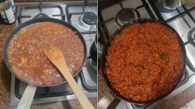 Bolognese before baking (left) and after (right).