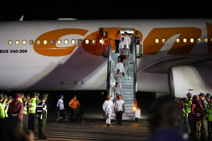 Venezuelan migrants deported from U.S. Naval Station Guantanamo Bay arrive at Simon Bolivar International Airport in Maiquetia, Venezuela, on Feb. 20, 2025. The United States deported 177 migrants from its military base in Guantánamo, Cuba, back to Venezuela.