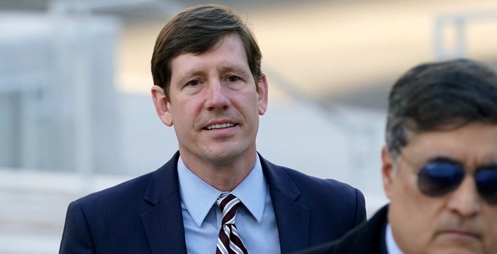 Former Republican state Sen. Brian Kelsey, left, arrives at federal court, on Nov. 22, 2022, in Nashville, Tenn. (AP Photo/Mark Humphrey, File)