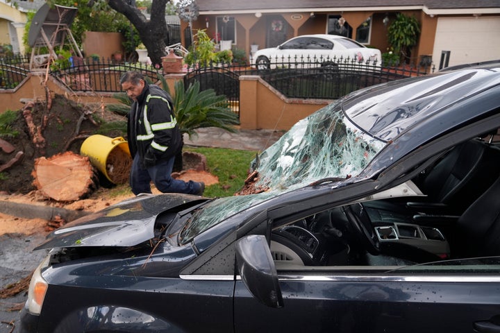 A vehicle is parked on a street after being damaged by a fallen tree during a storm Thursday, March 13, 2025, in Pico Rivera, Calif.