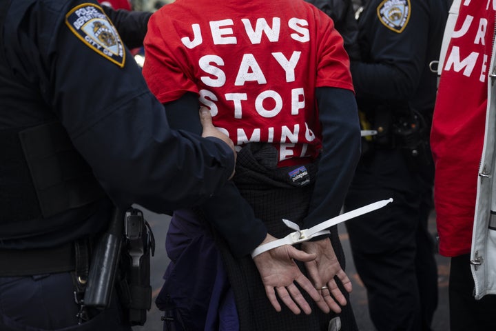 NYPD officers arrest activists from the group Jewish Voice for Peace and other allies after they staged a sit-in inside Trump Tower in New York City to demand the immediate release of Khalil.