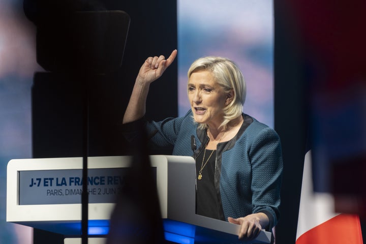 Marine Le Pen, leader of National Rally, speaks during a European election campaign rally in Paris on June 2.