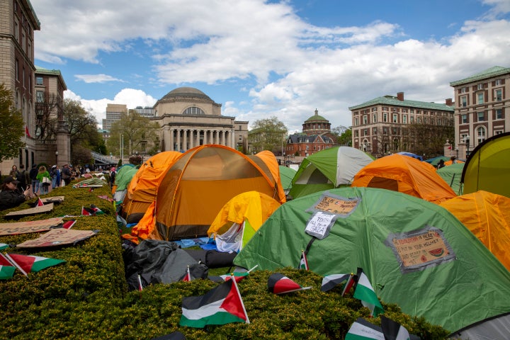 Students and other protesters are in a tent camp on the campus of Columbia University in New York on Wednesday, April 24, 2024. Students at a growing number of U.S. colleges are gathering in pro-Palestinian encampments with a unified demand to end investments supporting Israel's war in Gaza. It's inspired by a demonstration at Columbia University last week that resulted in dozens of arrests. (AP Photo/Ted Shaffrey)