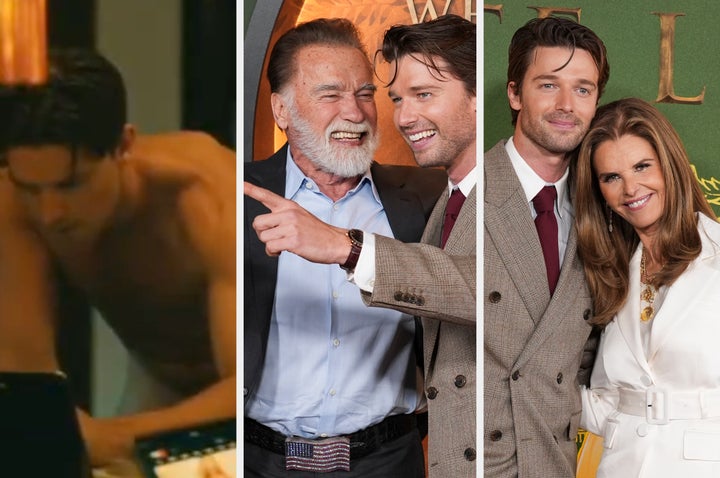 Patrick Schwarzenegger in The White Lotus (left) and with dad Arnold Schwarzenegger (centre) and mum Maria Shriver (right)