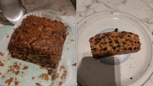 A tea loaf on the left, a slice of it on a plate on the right