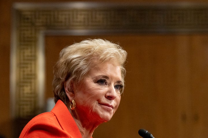 FILE: Linda McMahon, President Donald Trump's nominee for Secretary of Education, attends a hearing of the Health, Education, and Labor Committee on her nomination, Thursday, Feb. 13, 2025, in Washington. (AP Photo/Jacquelyn Martin)