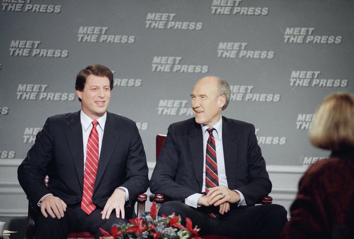 Sens. Al Gore, D-Tenn., left, and Alan Simpson, R-Wyo., prepare to appear on NBC-TV’s “Meet the Press” in Washington, Sunday, Oct. 9, 1988.