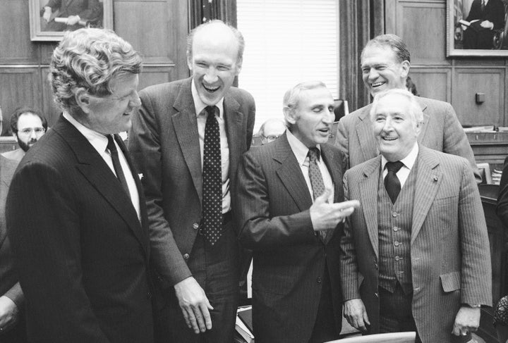 House Senate conferees meet at the start of their first session on the immigration reform bill on Capitol Hill, Washington, Sept. 13, 1984. From left are, Sen. Edward Kennedy, D-Mass.; Alan Simpson, R-Wyoming, Rep. Romano Mazzoli, D-Ky; Rep. Hamilton Fish, R-N.Y.; Rep. Peter Rodino, D-N.J. Simpson has died at age 93. 