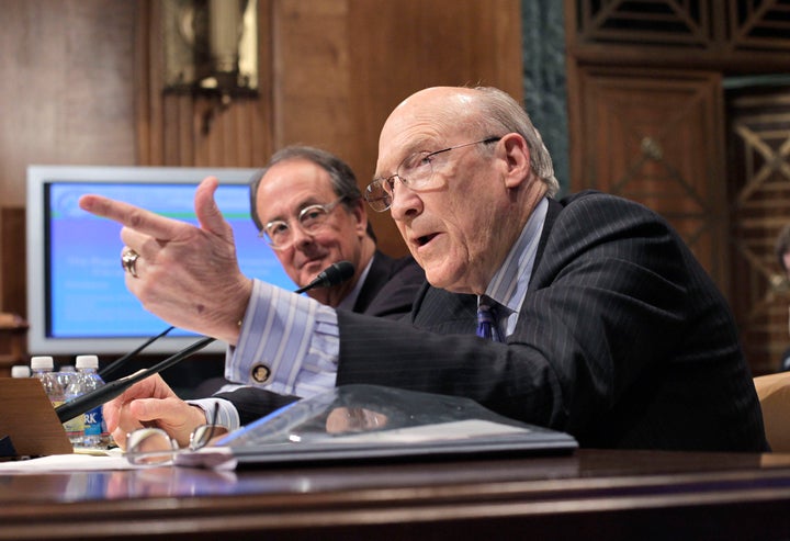 In this March 8, 2011 file photo, National Commission on Fiscal Responsibility and Reform, Co-Chairmen Alan Simpson, right, and Erskine Bowles, testify on Capitol Hill in Washington.