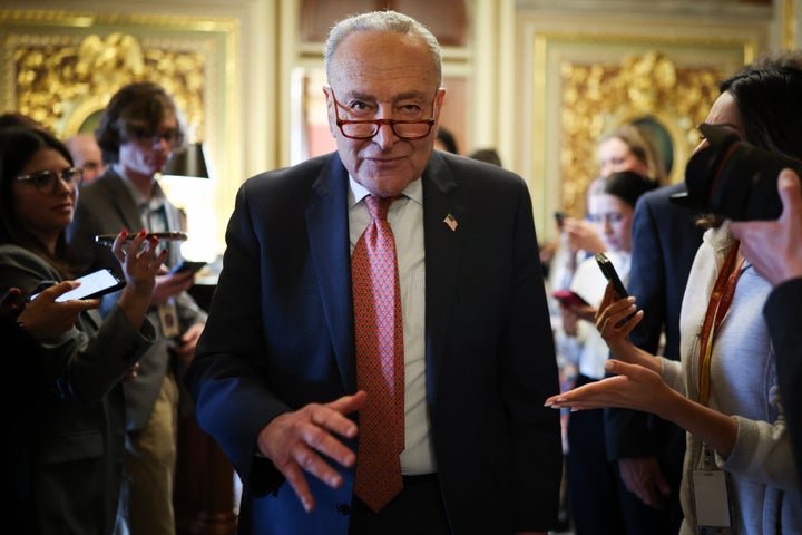 Senate Minority Leader Chuck Schumer (D-N.Y.) leaves the Democratic caucus lunch at the U.S. Capitol on Friday. 