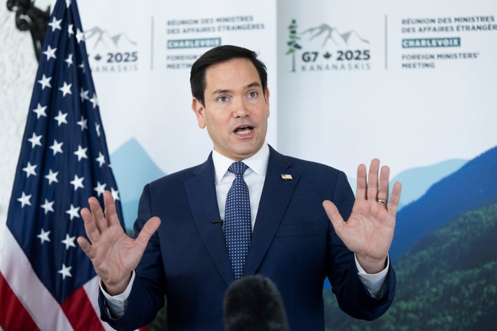 US Secretary of State Marco Rubio speaks with reporters following the G7 foreign ministers meeting in La Malbaie, Quebec, Canada, on Friday, March 14, 2025. 