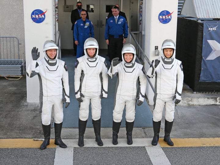 Crew-10 mission astronauts (L/R) Roscosmos cosmonaut Kirill Peskov, NASA astronauts Nichole Ayers and Anne McClain and JAXA astronaut Takuya Onishi walk out of the Neil A. Armstrong Operations and Checkout Building en route to launch complex 39A at the Kennedy Space Center in Cape Canaveral, Florida on March 14, 2025. NASA and SpaceX are aiming for liftoff at 7:03 pm (2303 GMT) of a Falcon 9 rocket carrying a Dragon spacecraft on the Crew-10 mission, after a technical issue with ground systems prevented launch on March 12. Crew-10 carries an international four-member team set to carry out science experiments on the orbital lab -- but the greater interest comes from the fact that their arrival enables others to depart.