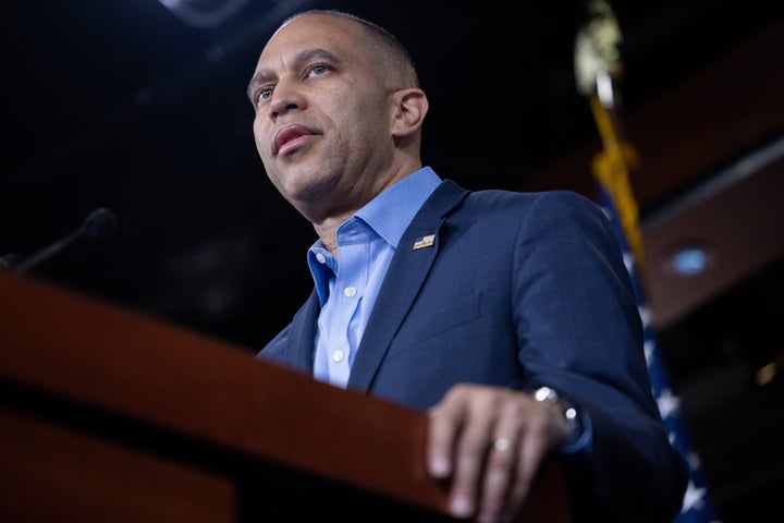 House Minority Leader Hakeem Jeffries (D-NY) speaks at a press conference alongside other members of House Democratic leadership as the Senate prepares to vote on a Continuing Resolution to avoid a government shutdown, in Washington, DC on March 14, 2025. (Photo by Nathan Posner/Anadolu via Getty Images)