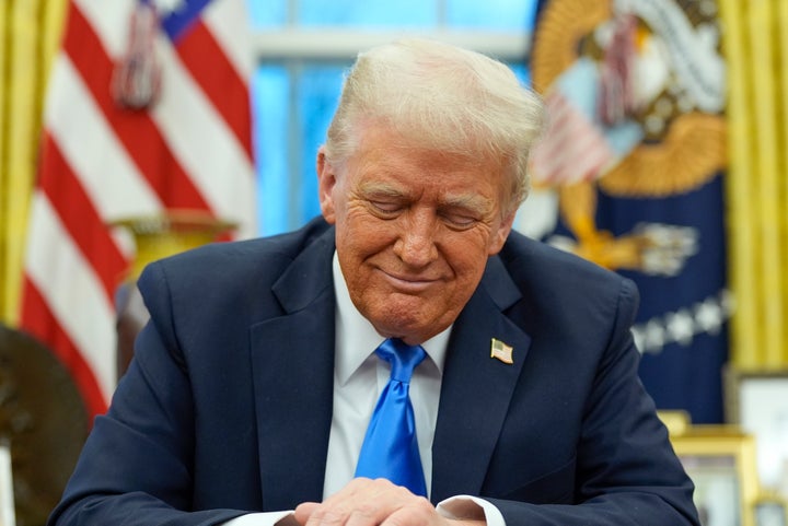 President Donald Trump, pictured in the Oval Office as Elon Musk speaks to the press in February.