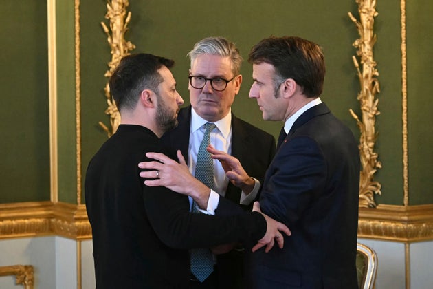 Britain's Prime Minister Keir Starmer, center, Ukraine's President Volodymyr Zelenskyy, left, and France's President Emmanuel Macron