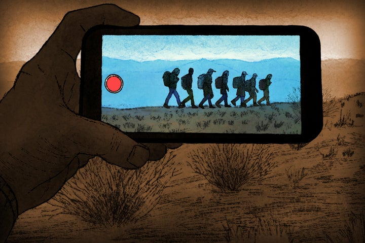 A depiction of a smuggler videoing migrants walking through the desert for later posting on social media based on hundreds of TikTok videos reviewed by the AP.