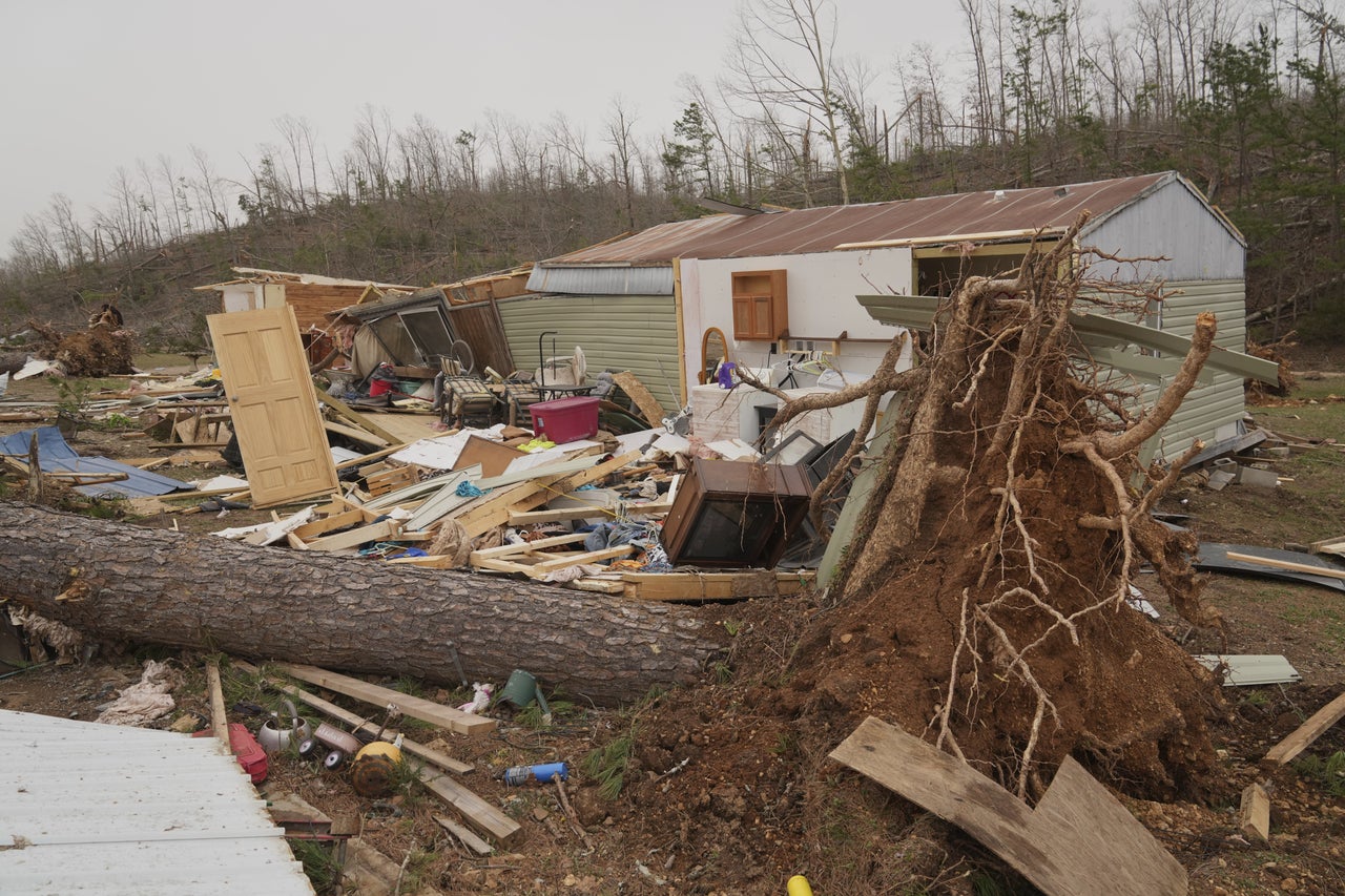 Destruction from a severe storm is seen Saturday in Wayne County, Mo.
