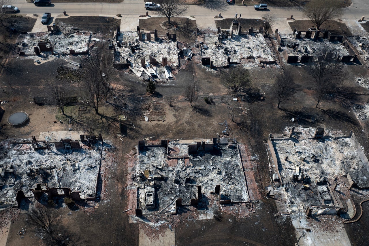 An aerial view of homes destroyed by Friday's wildfire in Stillwater, Oklahoma.