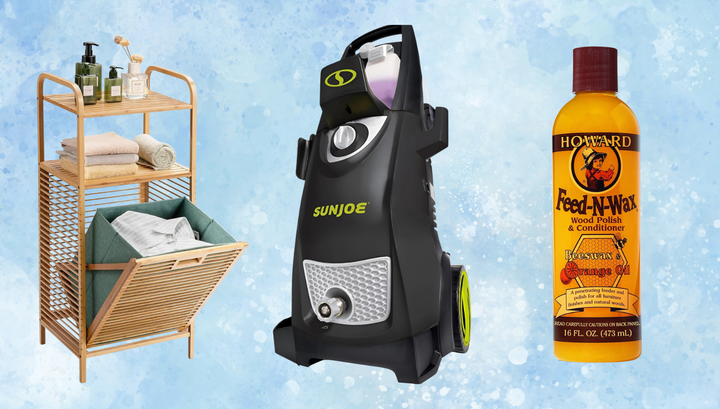 Shelf with built-in hamper, SunJoe pressure washer and Feed-N-Wax wood polish