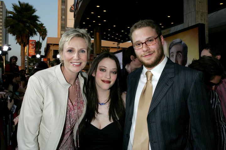 Dennings poses next to her “40-Year-Old Virgin” co-stars, Jane Lynch and Seth Rogen, in 2005.